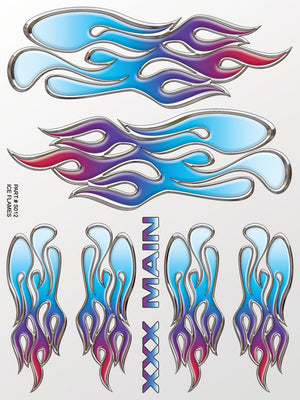 Colorful flame decals on a white background