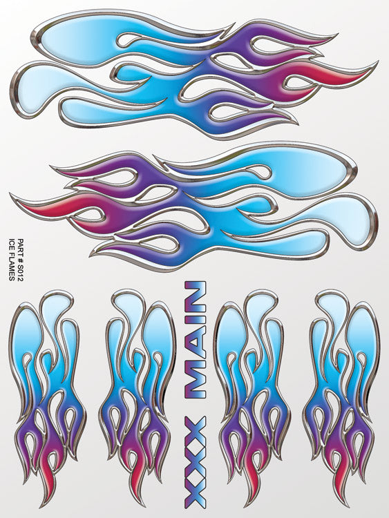 Colorful flame decals on a white background
