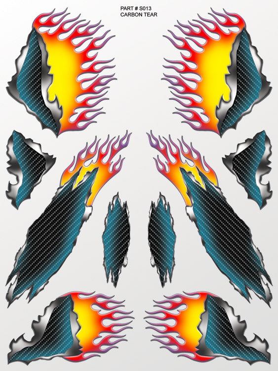 Set of flame and carbon fiber design decals on a white background
