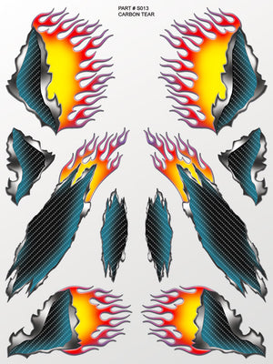 Set of flame and carbon fiber design decals on a white background