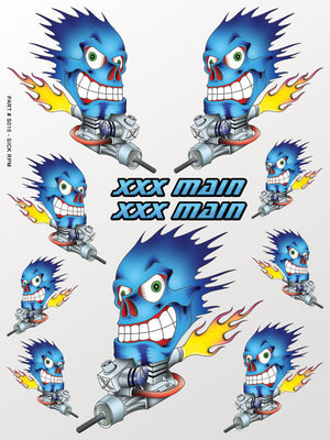 Cartoon character with flames and mechanical elements on a white background, featuring the text 'xxx main'.