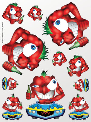 Collection of cartoonish red character illustrations with various poses and expressions.