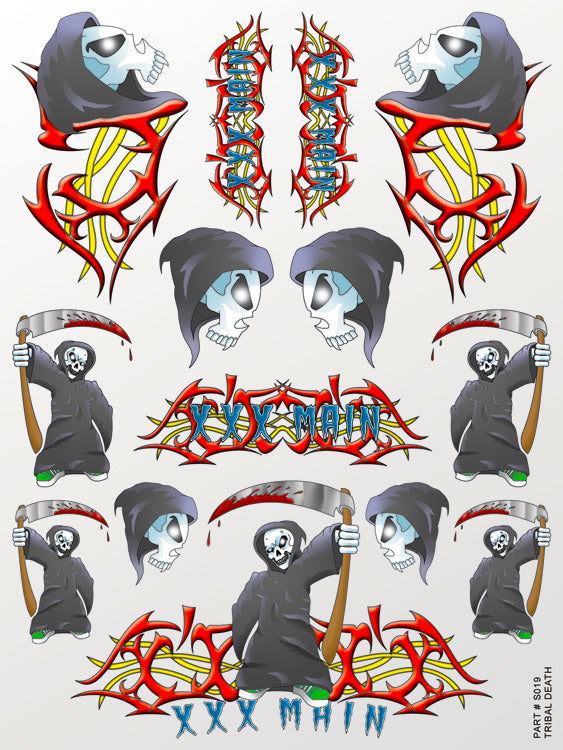 Collection of grim reaper designs with red, blue, and yellow elements on a white background.