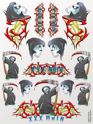 Collection of grim reaper designs with red, blue, and yellow elements on a white background.