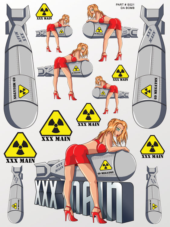Sticker design with bomb graphics and women in red outfits on a white background