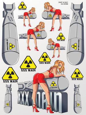 Sticker design with bomb graphics and women in red outfits on a white background