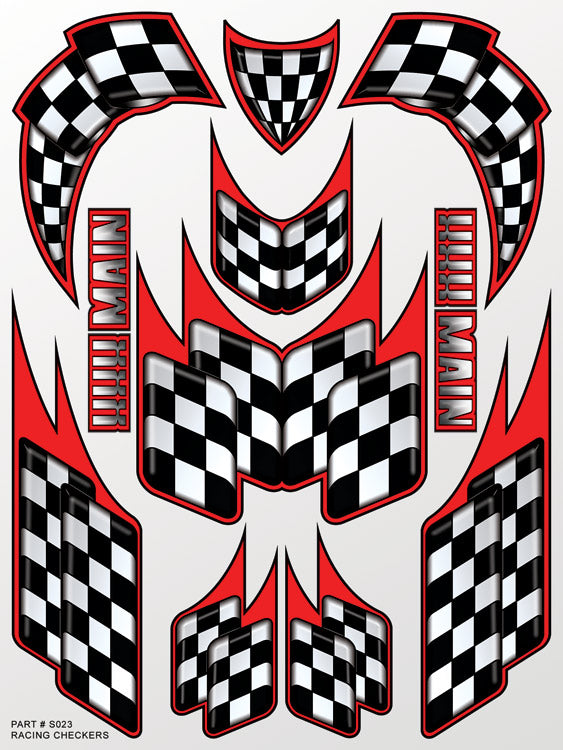 Racing decals with checkered pattern and red accents on a white background