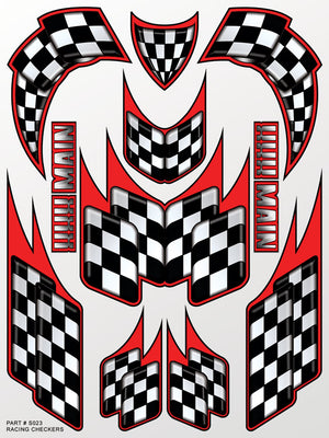 Racing decals with checkered pattern and red accents on a white background