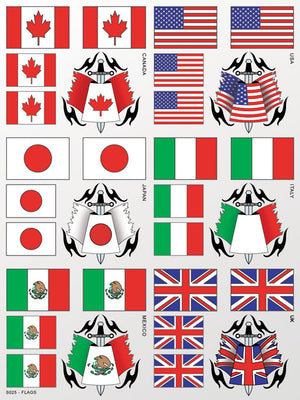 Collection of various country flags with decorative elements on a white background