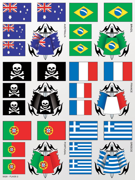 Collection of flags with designs and symbols on a white background