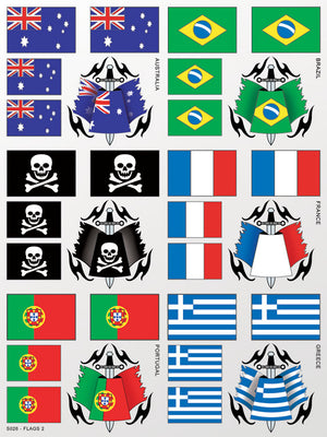 Collection of flags with designs and symbols on a white background