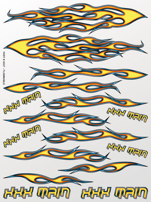 Collection of colorful flame decals with 'XXX Main' text on a white background