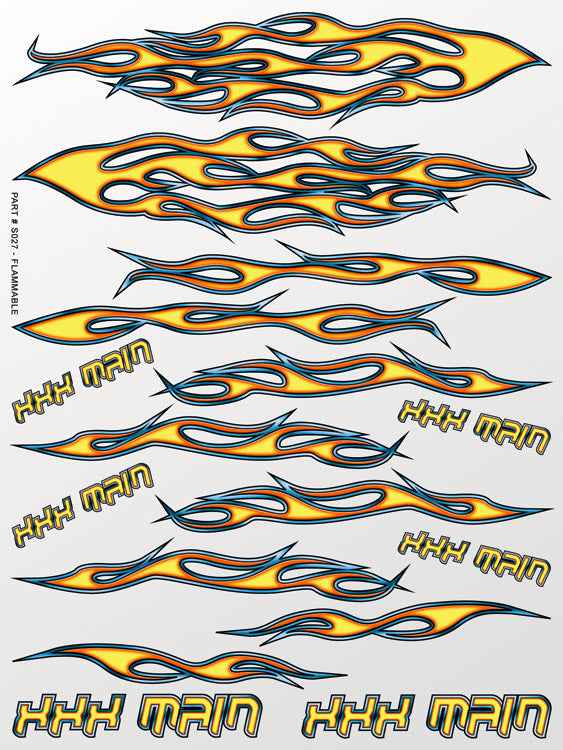 Collection of colorful flame decals with 'XXX Main' text on a white background