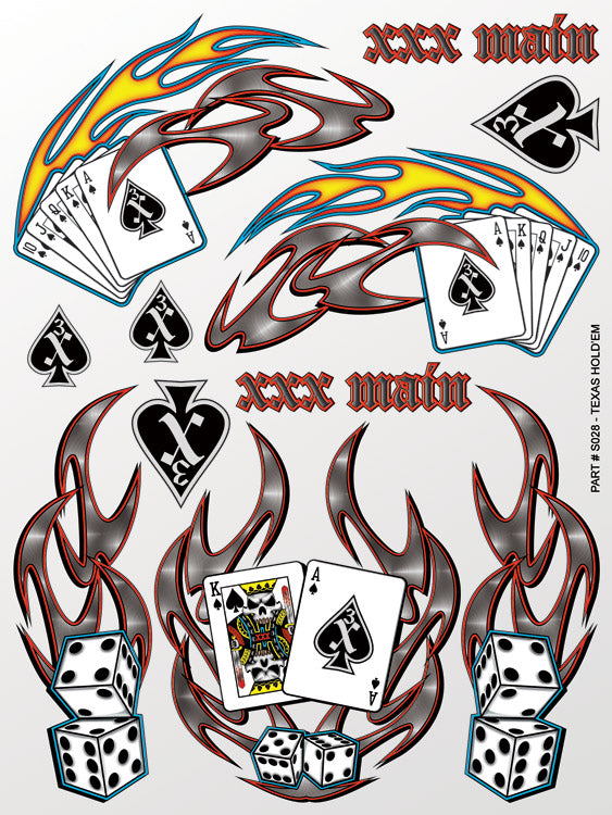 Decorative design with playing cards, dice, and flames on a white background.