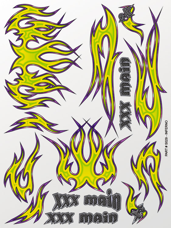 Vibrant yellow and purple tribal-style decals with 'XXX main' branding on a white background.