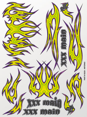 Vibrant yellow and purple tribal-style decals with 'XXX main' branding on a white background.