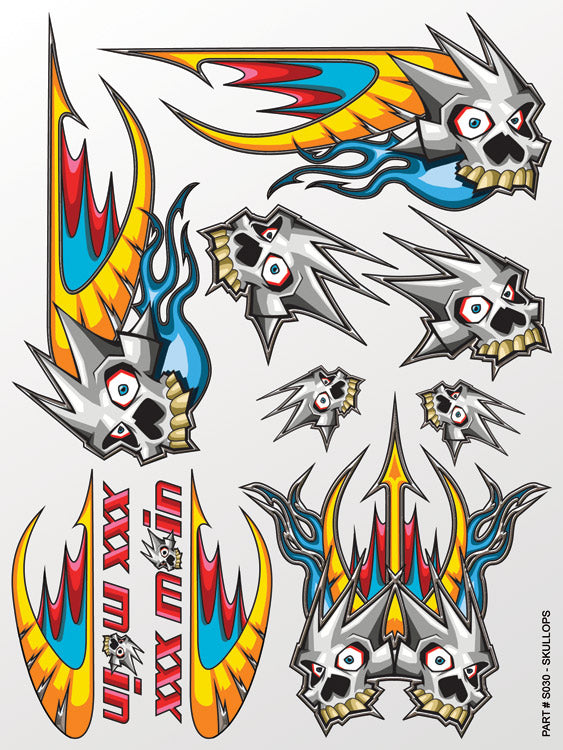 Collection of colorful skull and wing designs on a gray background