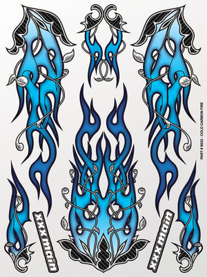 Set of blue and black tribal tattoo designs on a white background