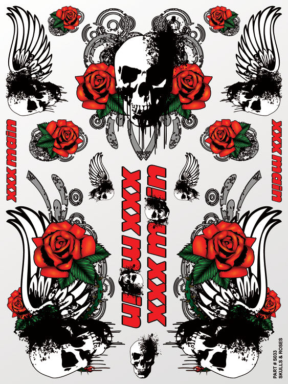 Decorative design with skulls, roses, and wings on a white background
