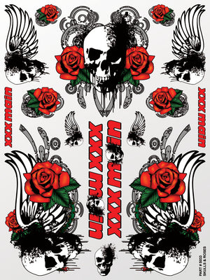 Decorative design with skulls, roses, and wings on a white background