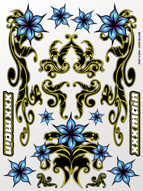 Decorative design sheet with blue flowers and black patterns on a white background, featuring the brand 'xxxmain'.