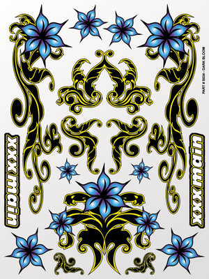 Decorative design sheet with blue flowers and black patterns on a white background, featuring the brand 'xxxmain'.