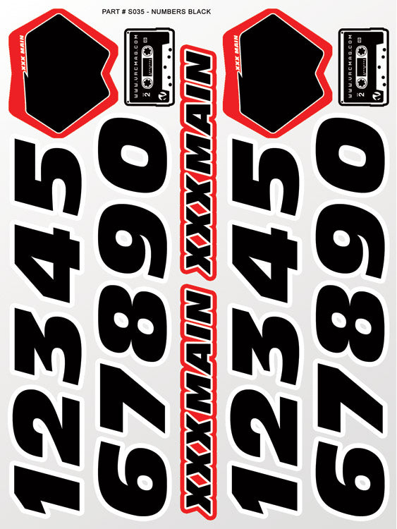 Set of black and red decals with numbers and brand name on a white background