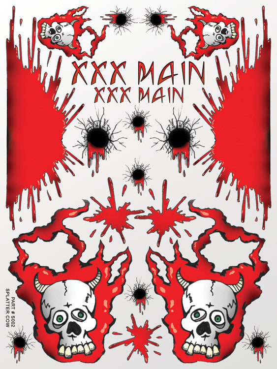 Sticker sheet with red splatter designs, skulls, and bullet holes on a white background.