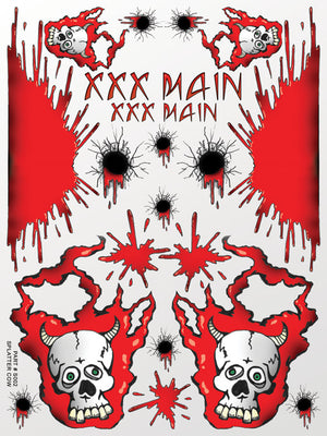 Sticker sheet with red splatter designs, skulls, and bullet holes on a white background.