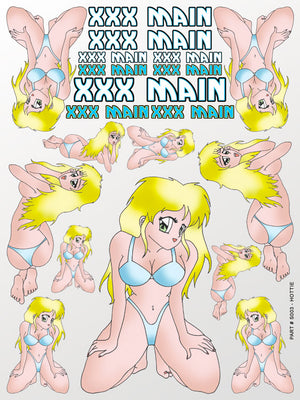 Cartoon character in a bikini with multiple poses and 'XXX MAIN' text.