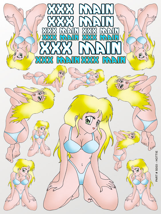 Cartoon character in a bikini with multiple poses and 'XXX MAIN' text.