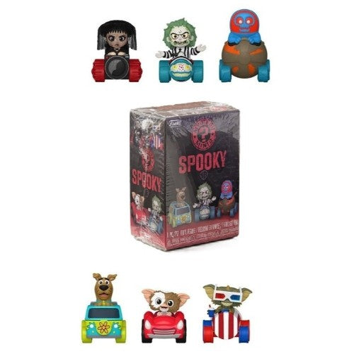 Echo six Hobbies A boxed blind bag set of small toy figurines and vehicles on a plain white background. The center shows a shrink-wrapped box labeled 'Spooky,' with three character figures above and three toy cars/figures below the package.