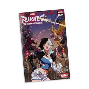 Echo six Hobbies McFarlane Toys Marvel's Rivals: The Cities of Heaven #1 comic book cover, featuring a dynamic illustration of a female superhero with black and white hair in a blue and silver outfit, with other characters in action poses in the background.