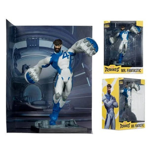 Echo six Hobbies McFarlane Toys Marvel Rivals Mr. Fantastic action figure shown standing in front of its illustrated display packaging, with two smaller package views on the right.
