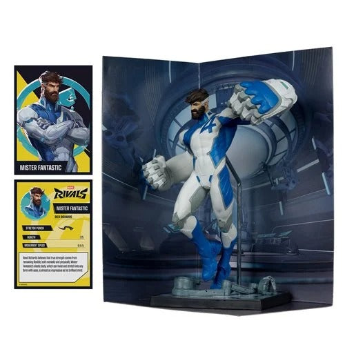 Echo six Hobbies McFarlane Toys Master Fantastic collectible figure displayed in a fold-out presentation box with two character cards shown beside it on a white background.
