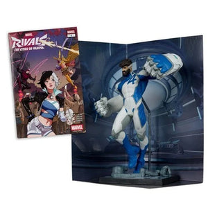 Echo six Hobbies McFarlane Toys Marvel Rivals: The City of Rebellion figure set showing a blue and white superhero action figure posed inside an open display book, with the comic book cover visible to the left.