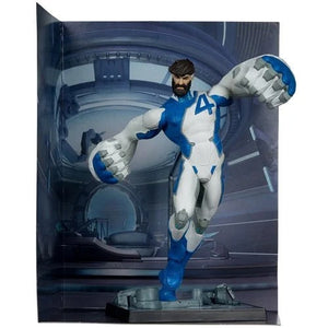 Echo six Hobbies McFarlane Toys Marvel RivalsA collectible action figure of a bearded superhero in a blue and white suit with the number 4 on the chest, posed dynamically with fists extended, set against a printed sci-fi interior backdrop.