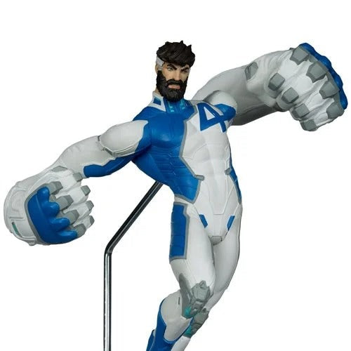 Echo six Hobbies McFarlane Toys Marvel Rivals A Marvel Comics collectible action figure of a bearded superhero in a blue and white suit with a large number 4 on the chest, posed dynamically on a display stand against a white background.
