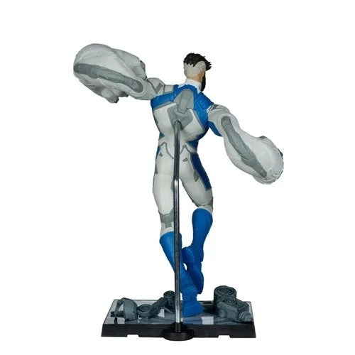 Echo six Hobbies McFarlane Toys Marvel Rivals A collectible action figure of a sci-fi female warrior in a dynamic pose, wearing a white and blue bodysuit with gray mechanical arm details, mounted on a black display stand against a white background.