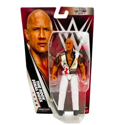 Echo six Hobbies WWE Main Event Series 1 The Rock Final Boss action figure in its original packaging, featuring a clear plastic bubble over the figure against a red and black card backing with a large photo of The Rock.