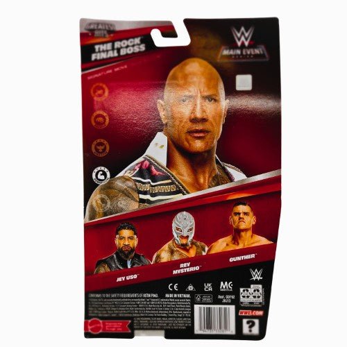 Echo six Hobbies WWE Main Event Series 1 The Rock Final Boss action figure in its original packaging, featuring a clear plastic bubble over the figure against a red and black card backing with a large photo of The Rock.