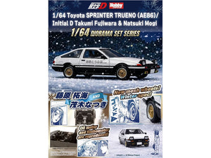 Toyota Sprinter Trueno (AE86) RHD (Right Hand Drive) White with Black Stripes "Takumi Fujiwara & Natsuki Mogi - Initial D" (1995-2013) Manga "Diorama Set Series" 1/64 Diecast Model Car by Hobby Japan