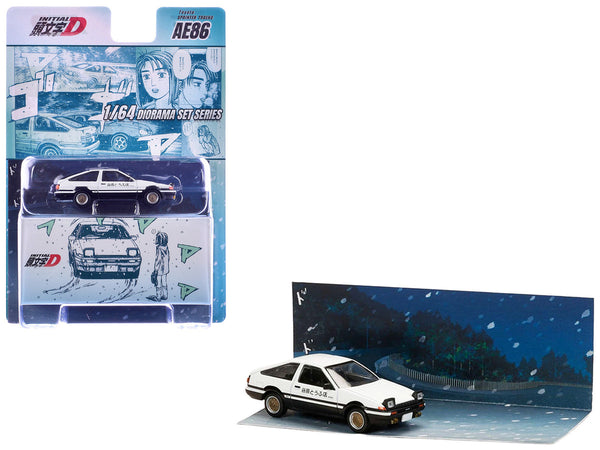 Toyota Sprinter Trueno (AE86) RHD (Right Hand Drive) White with Black Stripes "Takumi Fujiwara & Natsuki Mogi - Initial D" (1995-2013) Manga "Diorama Set Series" 1/64 Diecast Model Car by Hobby Japan