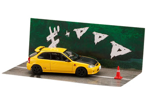 Honda Civic (EK9) RHD (Right Hand Drive) Yellow with Carbon Hood "Initial D" (1995-2013) Manga "Diorama Set Series" 1/64 Diecast Model car by Hobby Japan