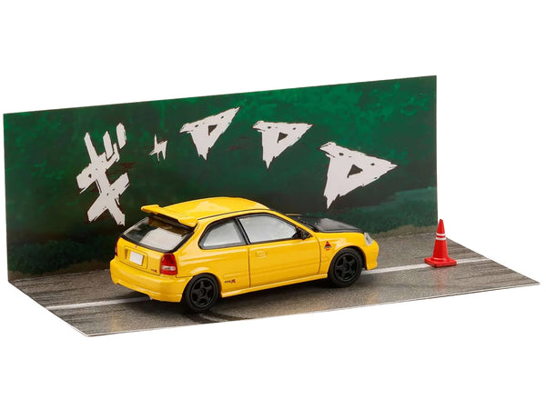 Honda Civic (EK9) RHD (Right Hand Drive) Yellow with Carbon Hood "Initial D" (1995-2013) Manga "Diorama Set Series" 1/64 Diecast Model car by Hobby Japan