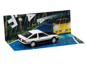 Toyota Corolla Levin (AE86) RHD (Right Hand Drive) White with Carbon Hood "Initial D" (1995-2013) Manga "Diorama Set Series" 1/64 Diecast Model Car by Hobby Japan