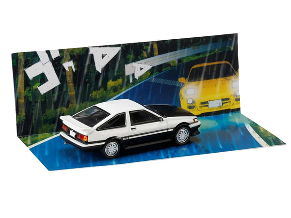 Toyota Corolla Levin (AE86) RHD (Right Hand Drive) White with Carbon Hood "Initial D" (1995-2013) Manga "Diorama Set Series" 1/64 Diecast Model Car by Hobby Japan
