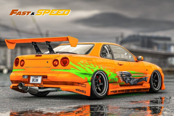 Fast Speed Nissan Skyline GT-R R34 Z-Tune HighWing Edition FNS Livery Amber Orange 1:64