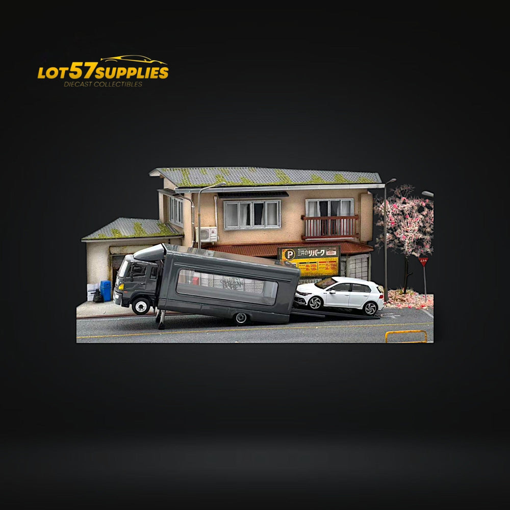 Model of a truck and building with 'LOT57 SUPPLIES' logo on a dark background