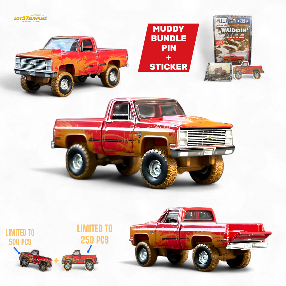 Auto World 1983 Chevrolet Silverado K10 4x4 Muddy LIFTED Squarebody 1:64 BUNDLE 1:64